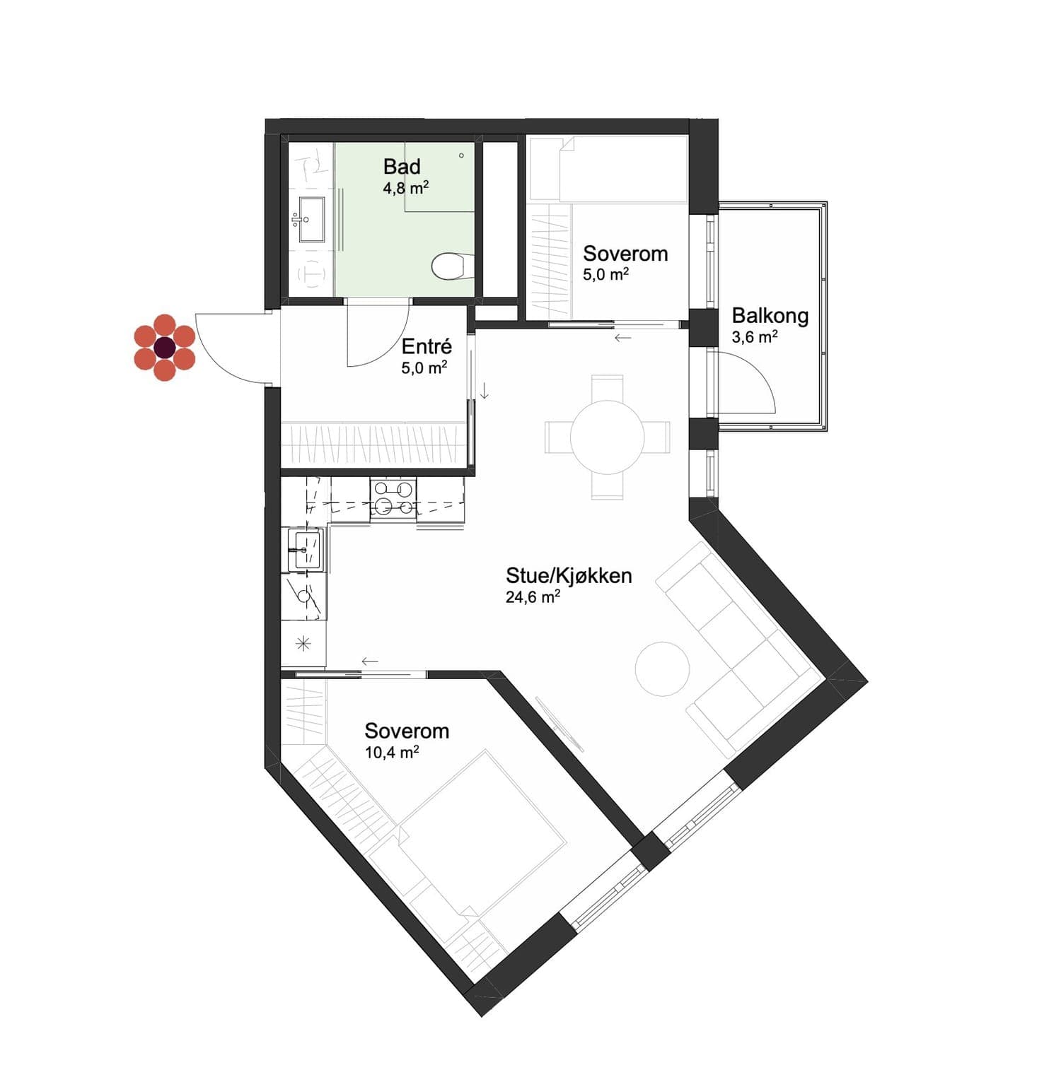 A402: 3-roms på 54 BRA-i. Pris: kr 8 500 000